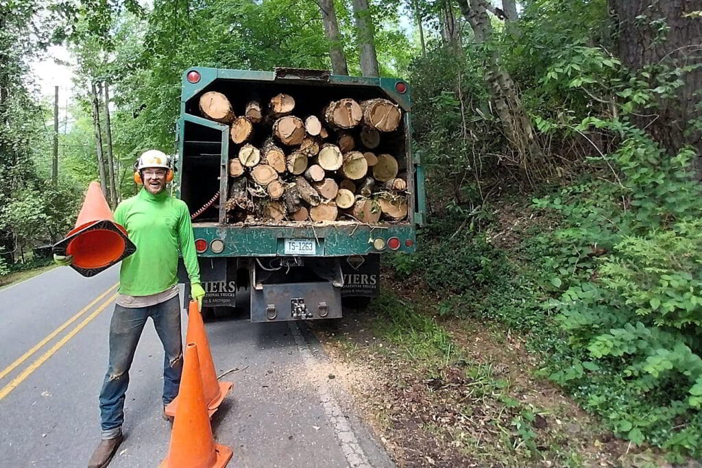 a tree service worker loading logs into truck